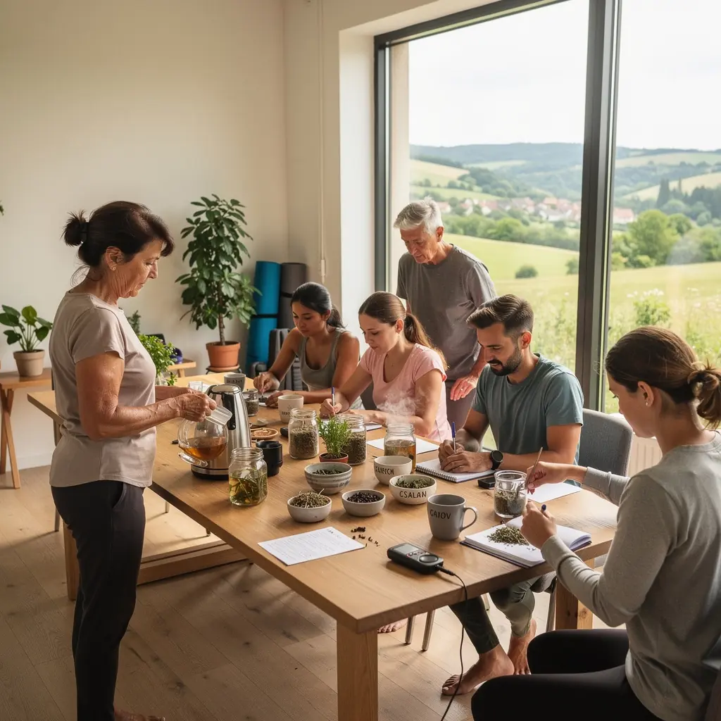 Bögrék különböző gyógynövény teákkal, amelyek jótékony hatásúak a keringési rendszerre.