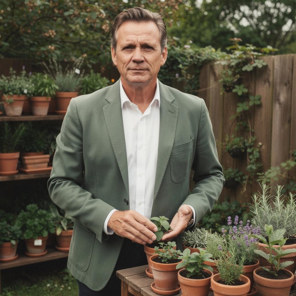 Teáscsésze, benne gyógynövény tea, háttérben gyógynövénykert.